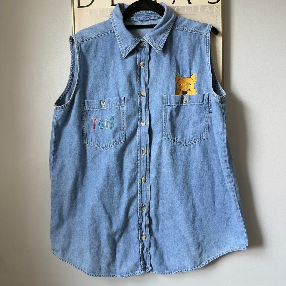 Vintage Disney Winnie the Pooh Embroidered Denim Sleeveless Button Shirt XL Top